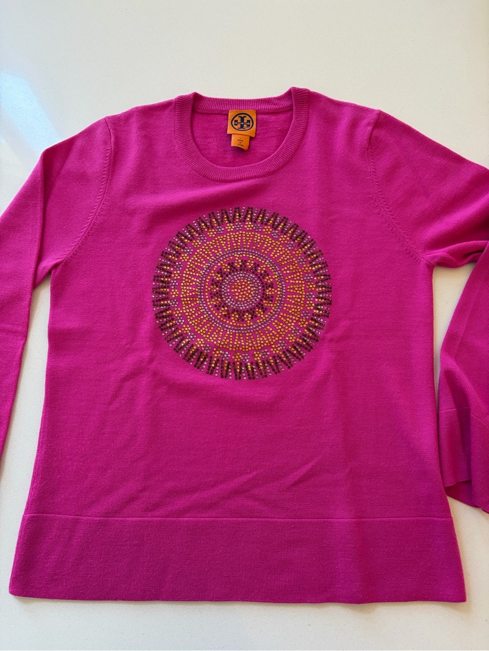 Tory Burch Fuchsia Beaded Crewneck Sweater.